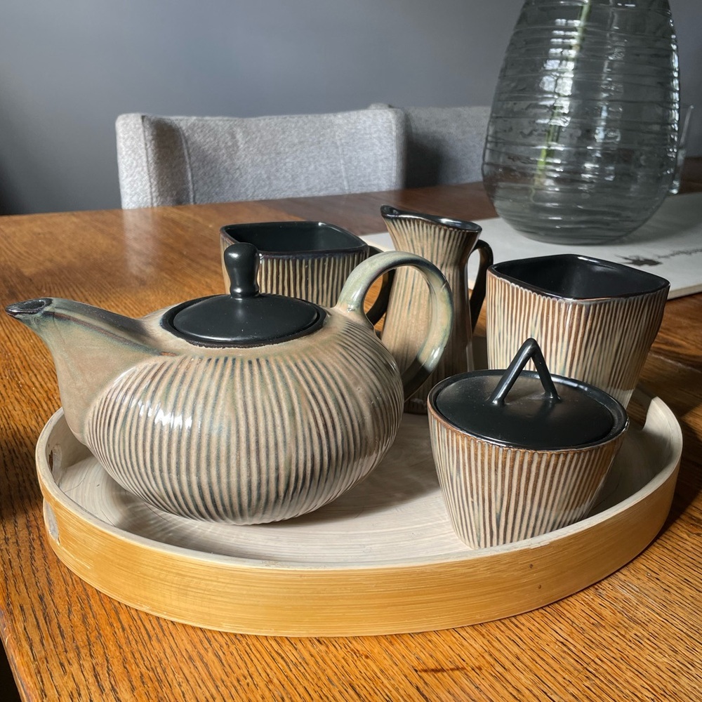 Striped Ceramic Tea Set with Black Accents